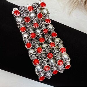 Silvertone Red bling weighted skull steampunk rock goth biker stretch bracelet